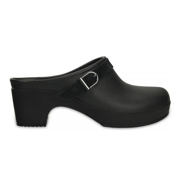 Crocs Sarah Black High Heel Mules Clogs Womens 9 Buckle Strap Detail Comfort - Picture 1 of 7